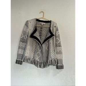 Curio Sweater PM wool blend   Black White Cape Jacket Snap Fringe Layer New York